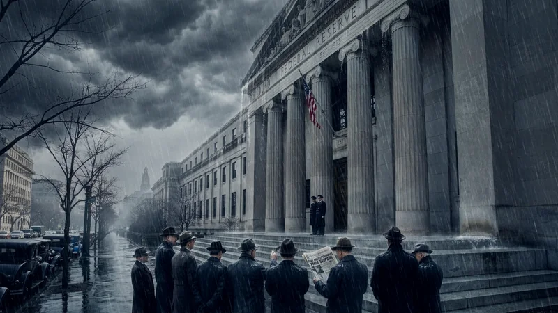 People gathered outside a bank building in the rain