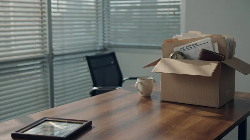 A packed cardboard box on a cleared office desk