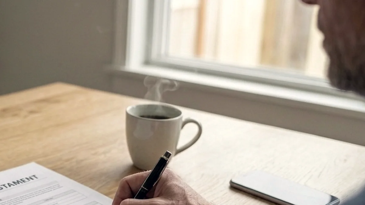 A man signing paperwork at a kitchen table