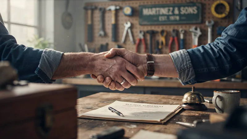 Two business partners shaking hands over a signed agreement