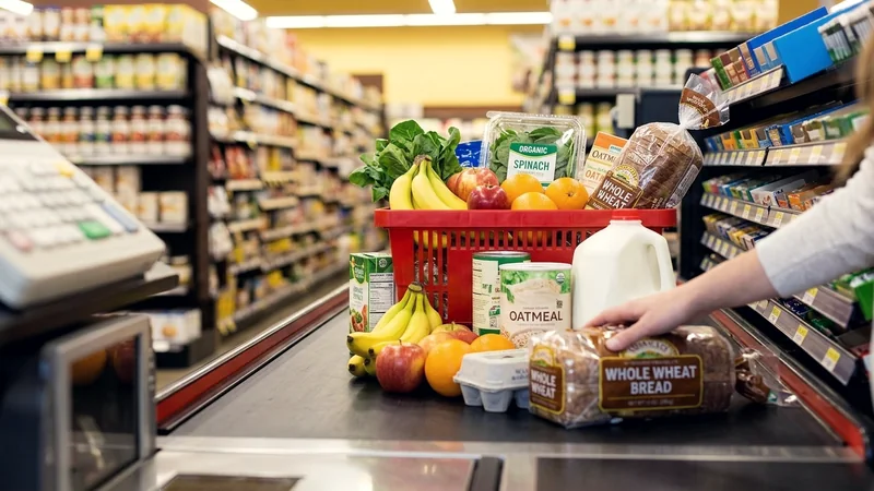 Groceries on a supermarket checkout belt