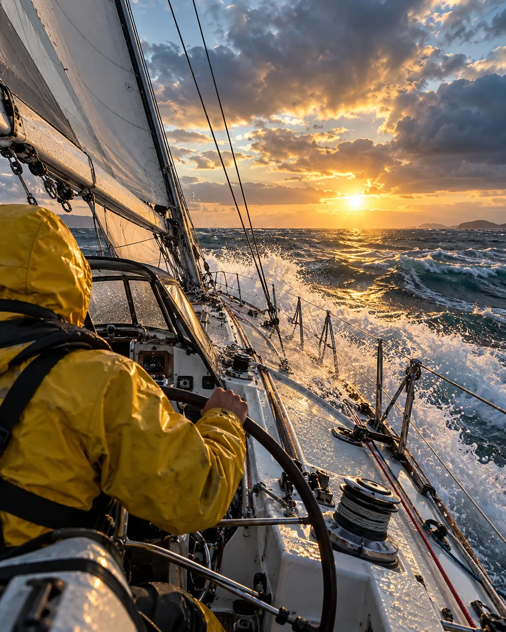 A sailor in a yellow jacket at the helm of a sailboat pushing through rough seas toward the setting sun