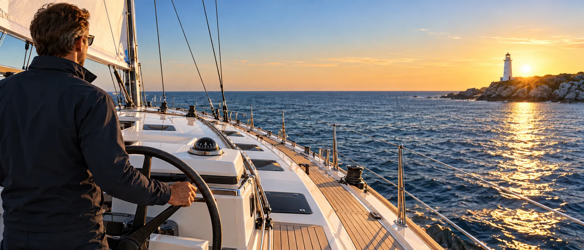 A captain at the helm of a modern sailing yacht, steering toward a lighthouse at sunset