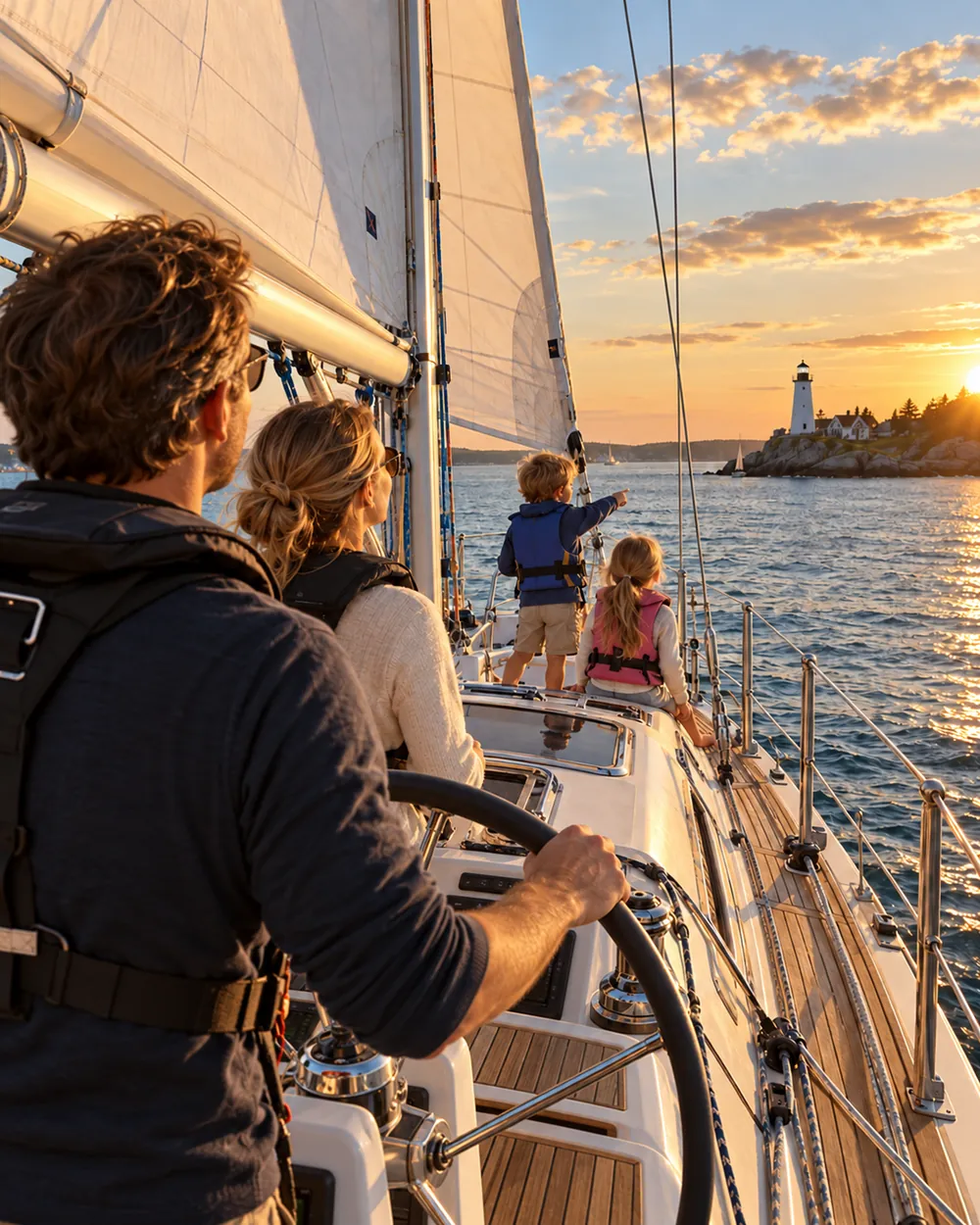 A family sailing together toward a lighthouse in golden evening light