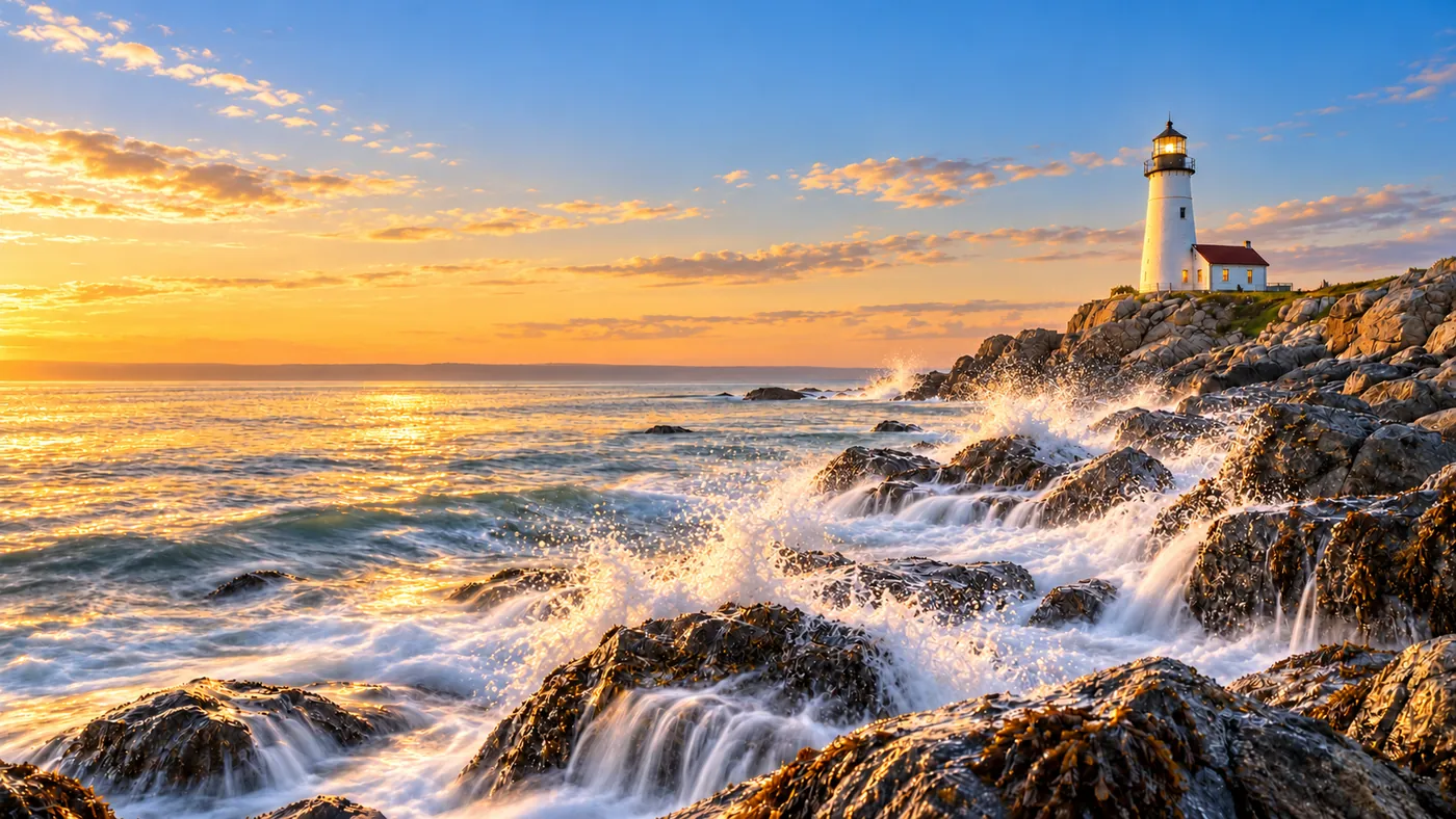 A white lighthouse standing firm on a rocky point in golden evening light while waves wash over the rocks