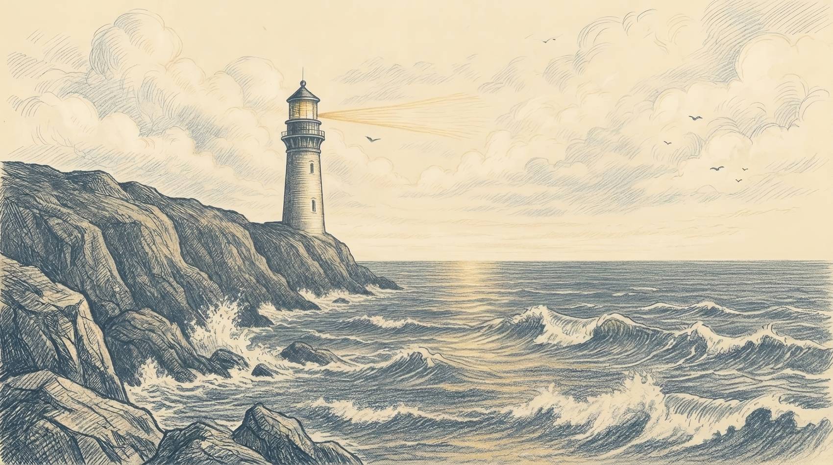 A lighthouse on a rocky headland, its beam reaching out over breaking surf